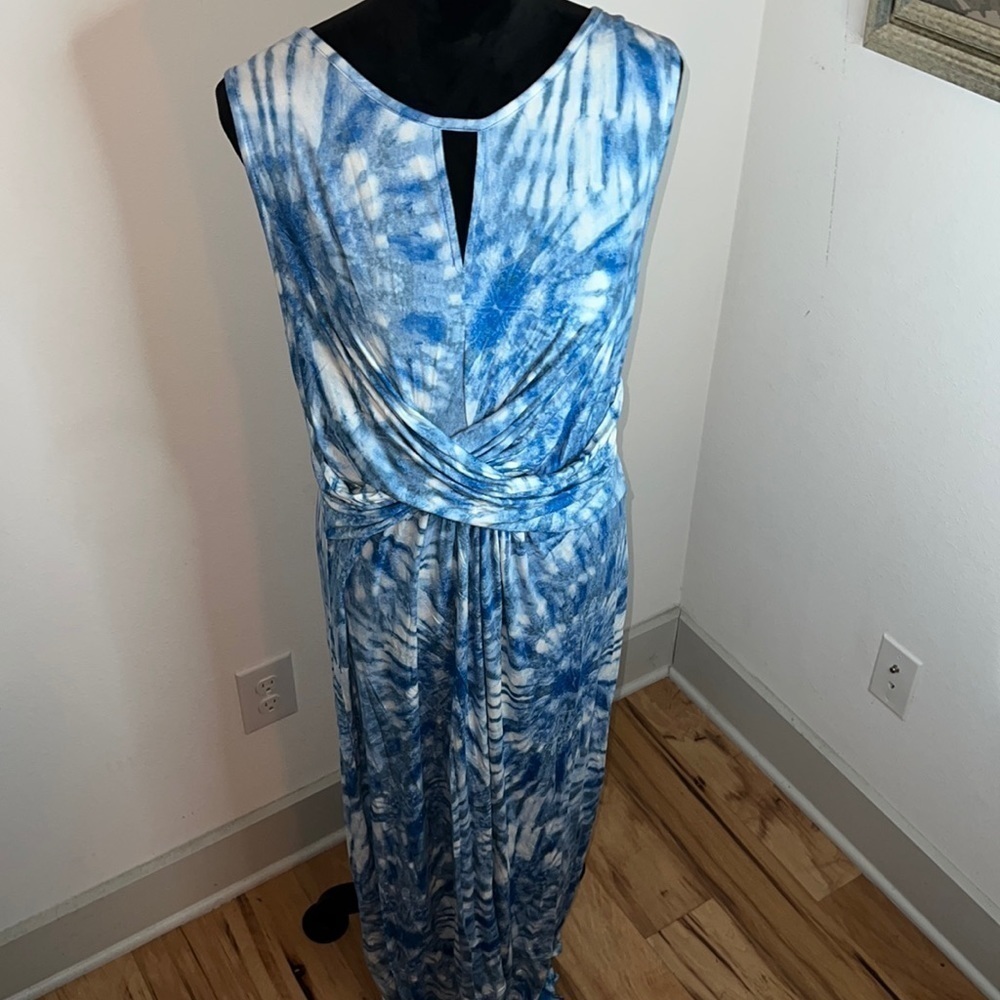 Spence Tie Dye blue white draped key hole sleeveless maxi dress‎ Sz XL